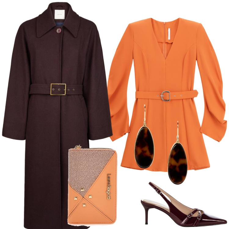 Outfit donna - Un tocco di arancio. Stile Chic per Serata fuori. Abbinamento con décolleté, vestiti corti, orecchini, portafogli, cappotti.