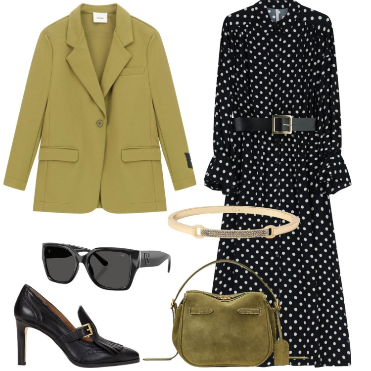 Outfit donna - Pois. Stile Chic per Tutti i giorni. Abbinamento con vestiti midi/longuette, blazer, décolleté, occhiali da sole, borse a mano, braccialetti.