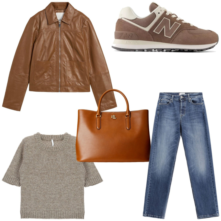 Outfit donna - Fall trends. Stile Casual per Tutti i giorni. Abbinamento con blazer, sneakers, jeans, maglieria, borse a mano.