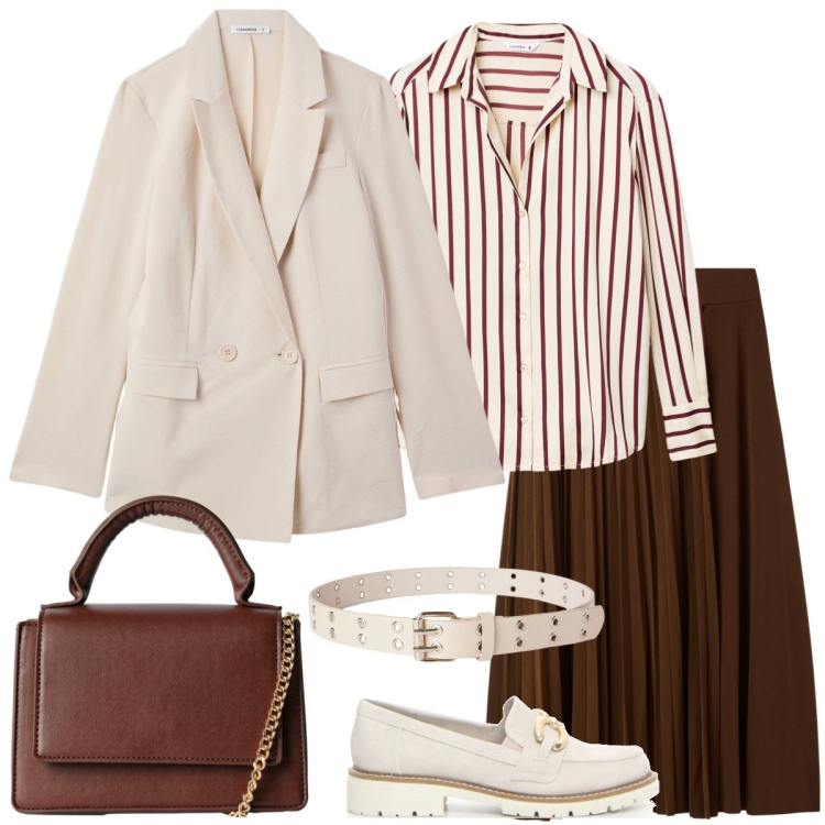Outfit donna - Total look #2241973. Stile Minimal per Ufficio. Abbinamento con blazer, borse a tracolla, cinture, camicie, gonne lunghe, mocassini.