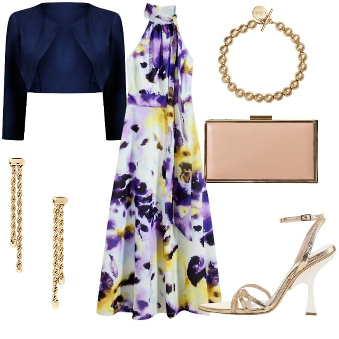 Outfit donna - Serata romantica di fine estate. Stile Casual chic per Serata fuori. Abbinamento con vestiti lunghi, pochette, bolero, sandali col tacco, braccialetti, orecchini.
