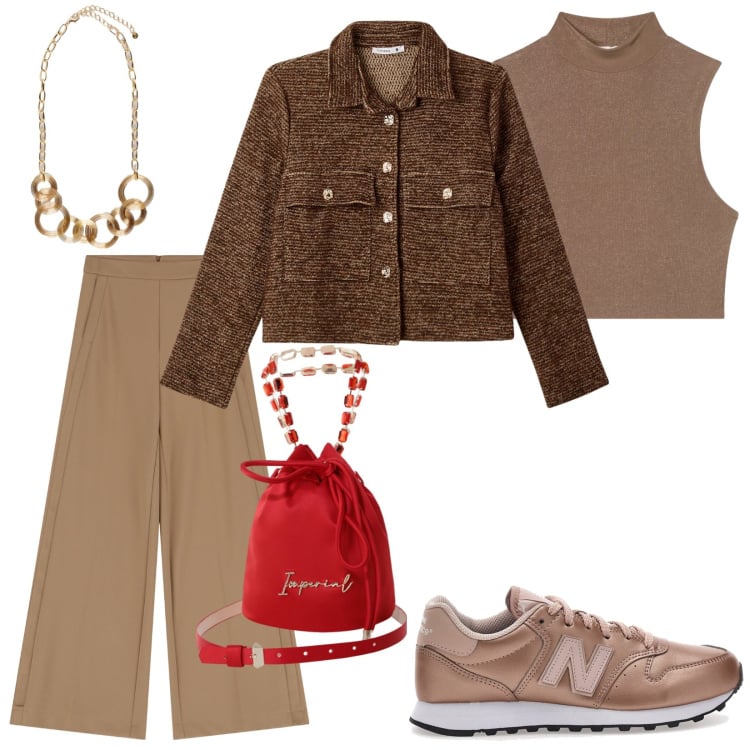 Outfit donna - Total look #2241975. Stile Casual per Tutti i giorni. Abbinamento con blazer, canottiere, pantaloni a palazzo, borse a secchiello, sneakers, collane.