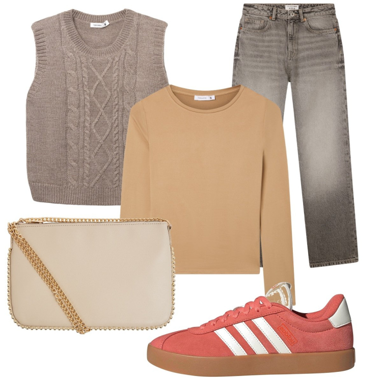 Outfit donna - Il gilet in maglia. Stile Urban per Tutti i giorni. Abbinamento con t-shirt, borse a tracolla, jeans dritti, maglieria, sneakers.