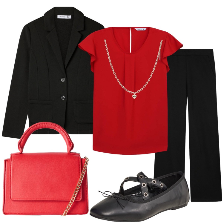 Outfit donna - In ufficio: rosso & nero. Stile Bon Ton per Ufficio. Abbinamento con ballerine, bluse, collane, borse a tracolla, pantaloni, blazer.