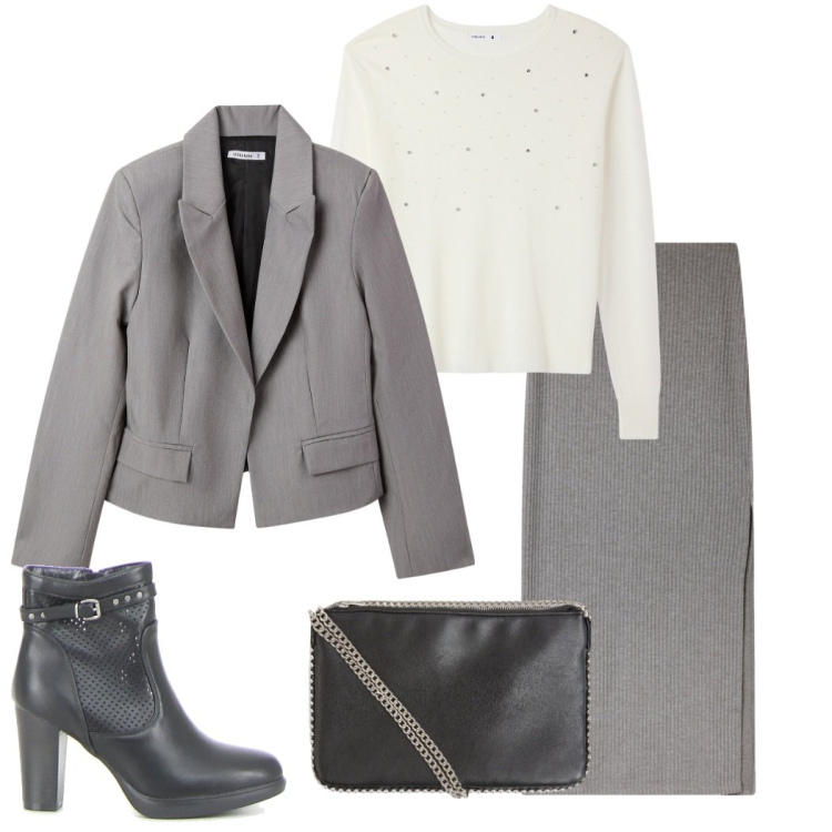 Outfit donna - Autunno Terranova. Stile Urban per Serata fuori. Abbinamento con borse a tracolla, maglieria, blazer, gonne lunghe, stivaletti.