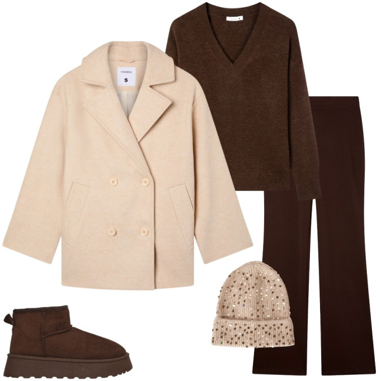 Outfit donna - Autunno Terranova. Stile Urban per Tutti i giorni. Abbinamento con pantaloni, maglieria, berretti, caban, stivaletti.