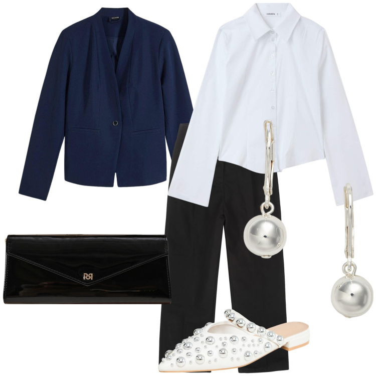 Outfit donna - Doveroso omaggio al re( Giorgio). Stile Chic per Serata fuori. Abbinamento con blazer, camicie, ballerine, pochette, orecchini, pantaloni.