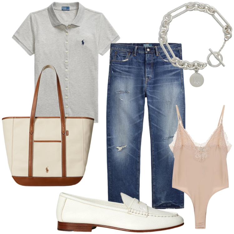 Outfit donna - Total look sportivo. Stile Sporty chic per Tutti i giorni. Abbinamento con body, braccialetti, mocassini, polo, borse tote, jeans.
