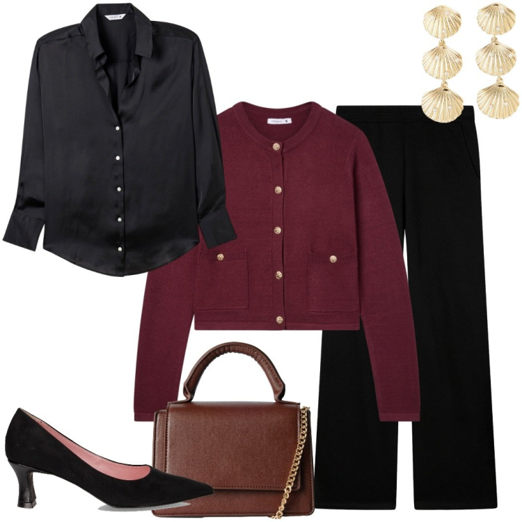 Outfit donna - Autunno Terranova. Stile Casual chic per Serata fuori. Abbinamento con cardigans, camicie, orecchini, borse a tracolla, pantaloni, décolleté.