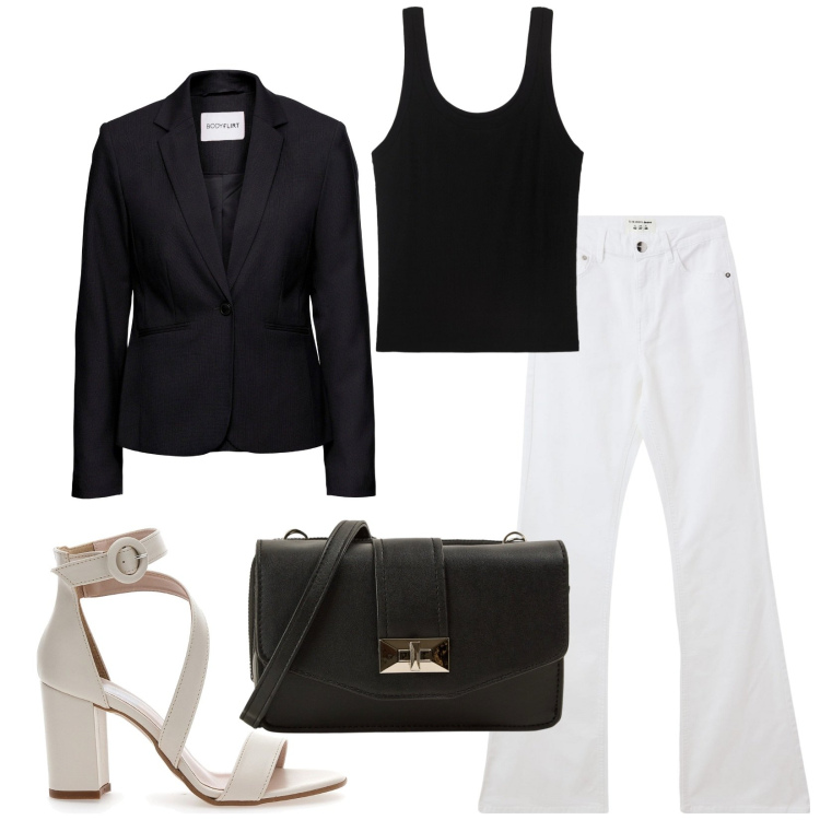Outfit donna - Total look #2241993. Stile Casual chic per Serata fuori. Abbinamento con blazer, jeans a zampa, borse a tracolla, canottiere, sandali col tacco.