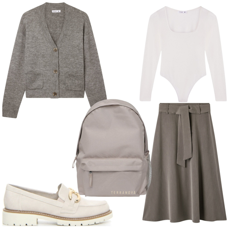 Outfit donna - Oggi a lezione. Stile Casual chic per Scuola/Università. Abbinamento con zaini, gonne lunghe, cardigans, body, mocassini.