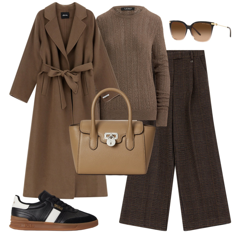Outfit donna - Brown shades. Stile Casual chic per Tutti i giorni. Abbinamento con pantaloni a palazzo, cappotti, occhiali da sole, sneakers, borse a mano, maglieria.