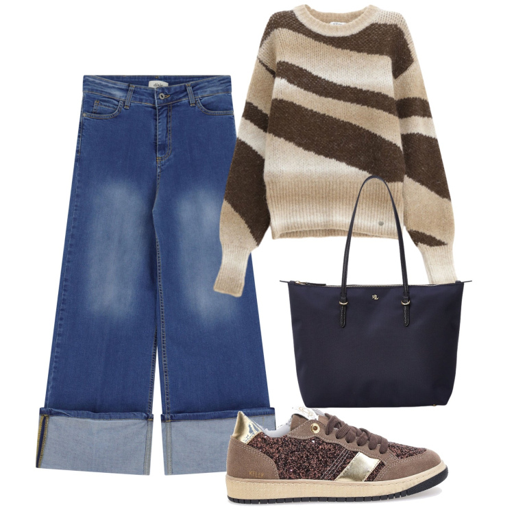 Outfit donna - Tendenza jeans: risvolto alto. Stile Casual per Tutti i giorni. Abbinamento con pullovers, jeans dritti, borse tote, sneakers.