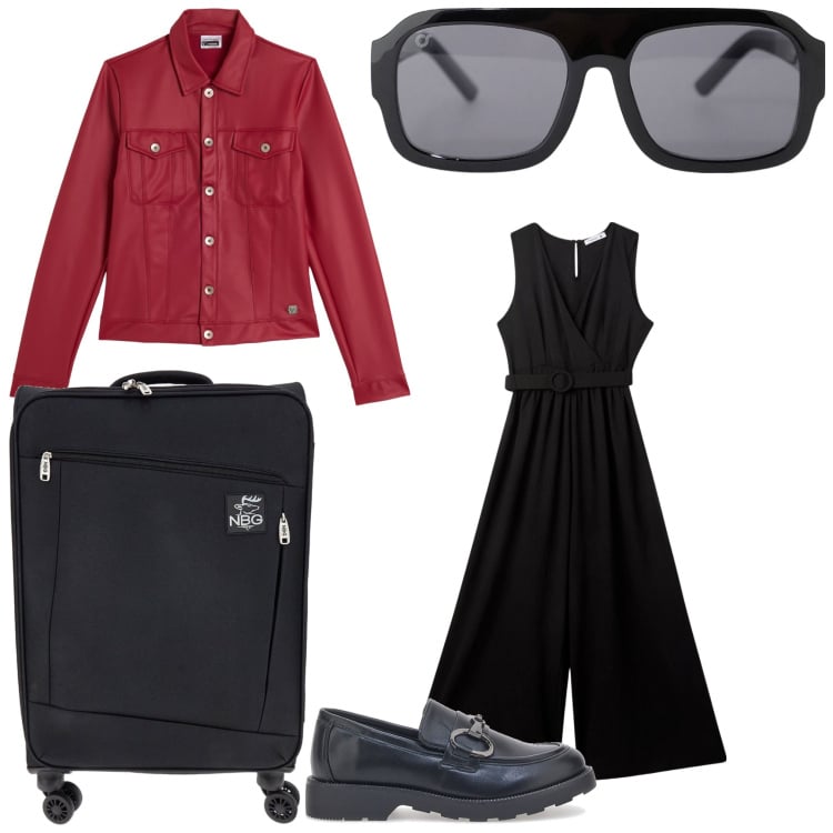 Outfit donna - Buon viaggio. Stile Casual per Tutti i giorni. Abbinamento con tute, occhiali da sole, giacche, valigie, mocassini.