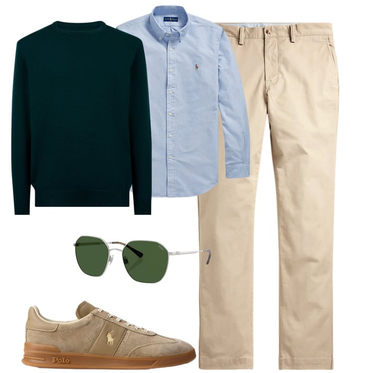 Outfit uomo - Ralph Lauren. Stile Urban per Tutti i giorni. Abbinamento con camicie, pantaloni, occhiali da sole, sneakers, maglieria.