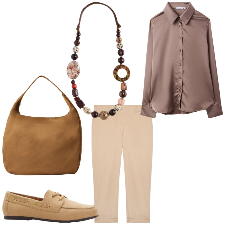 Outfit donna - Marrone e dintorni. Stile Chic per Ufficio. Abbinamento con mocassini, camicie, borse a mano, collane, pantaloni.