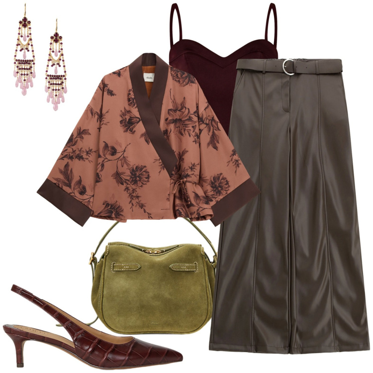 Outfit donna - Azzardo. Stile Vintage retrò per Serata fuori. Abbinamento con top, pantaloni, blazer, orecchini, décolleté, borse a mano.