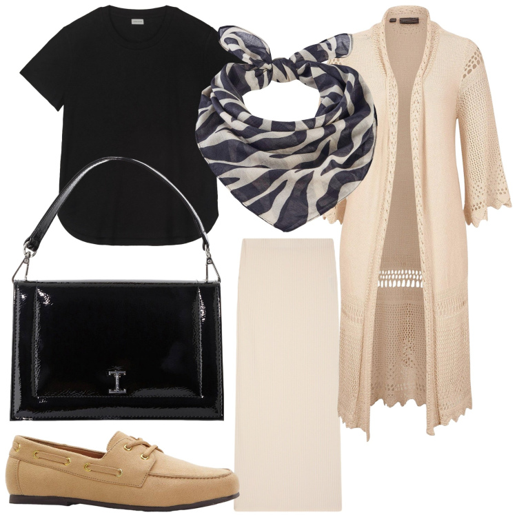 Outfit donna - Stasera chic. Stile Casual chic per Serata fuori. Abbinamento con cardigans, foulard, mocassini, gonne lunghe, borse a tracolla, t-shirt.