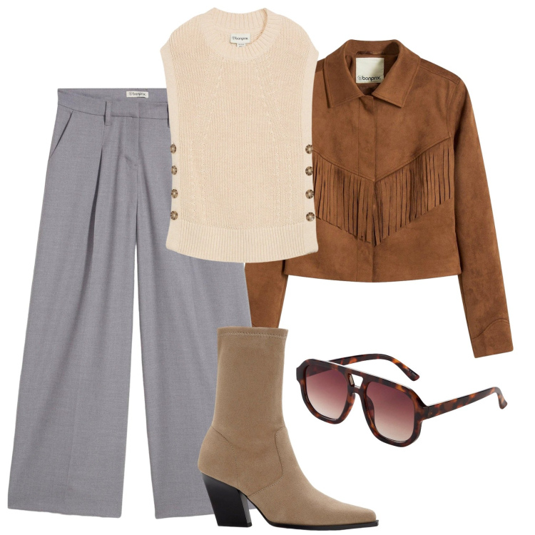 Outfit donna - Bonprix must-have aurunnali. Stile Glamour per Tutti i giorni. Abbinamento con stivaletti, occhiali da sole, blazer, pantaloni, maglieria.