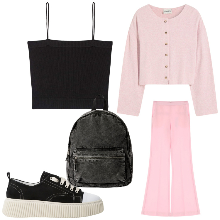 Outfit donna - A scuola. Stile Casual per Scuola/Università. Abbinamento con cardigans, canottiere, zaini, pantaloni, sneakers.
