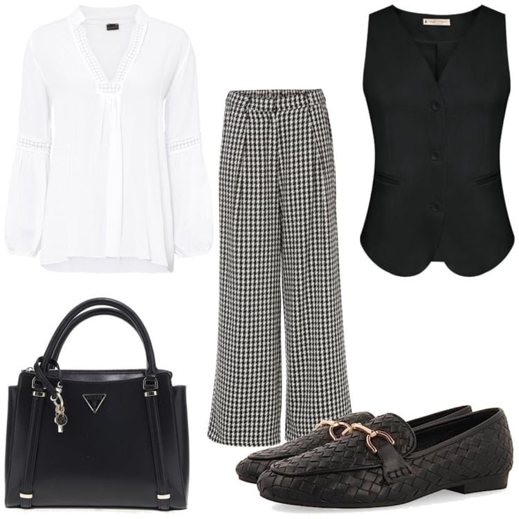 Outfit femme - Preppy #599. Style Preppy pour Bureau. Assortir avec pantalon , tuniques, mocassins, sacs cartable, gilets sans manche.