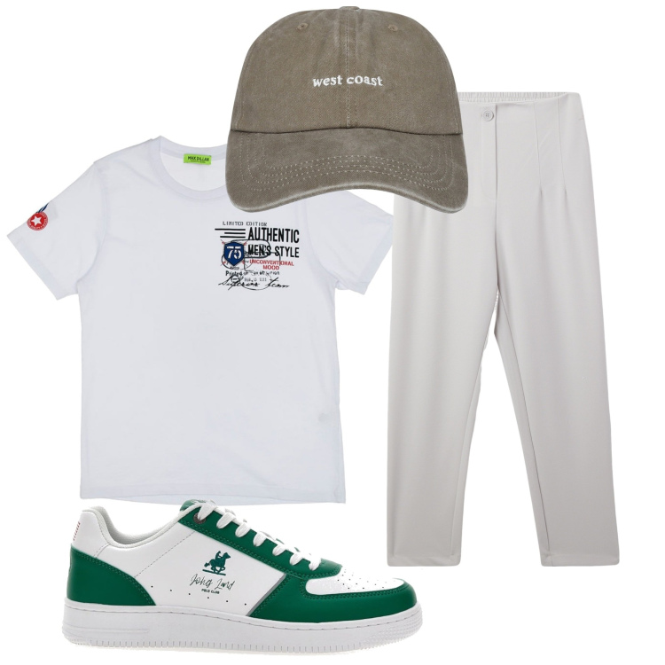 Outfit uomo - Comodo in bianco. Stile Trendy per Tutti i giorni. Abbinamento con cappelli, pantaloni chino, t-shirt, sneakers.
