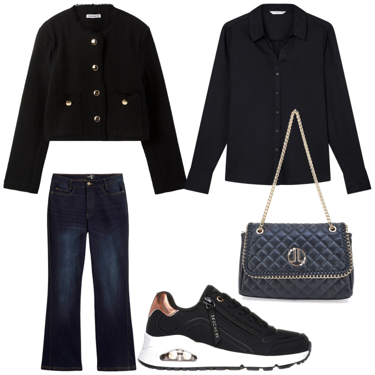 Outfit donna - Oro e nero. Stile Sporty chic per Serata fuori. Abbinamento con jeans bootcut, blazer, camicie, sneakers, borse a tracolla.