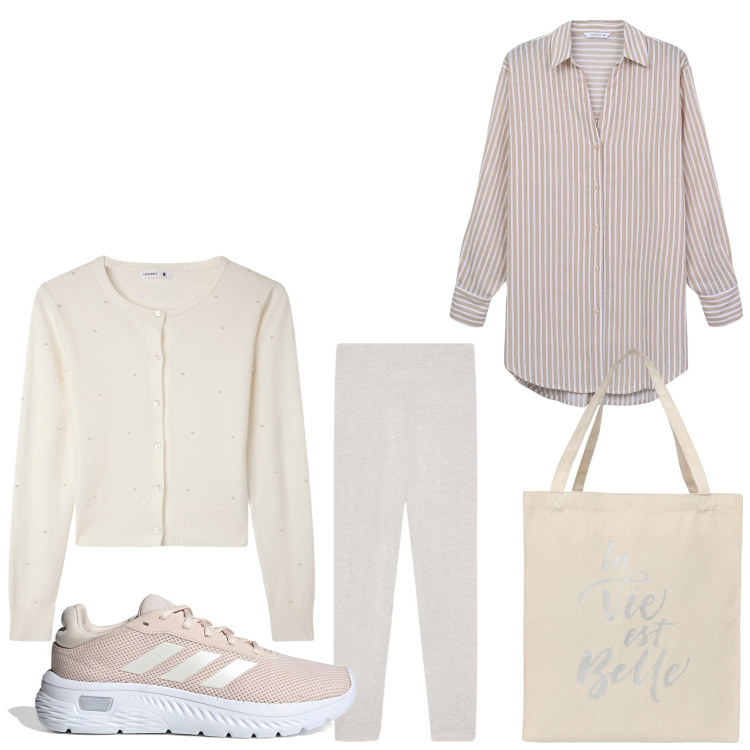 Outfit donna - Everyday. Stile Casual per Tutti i giorni. Abbinamento con camicie, borse tote, cardigans, leggings, sneakers.