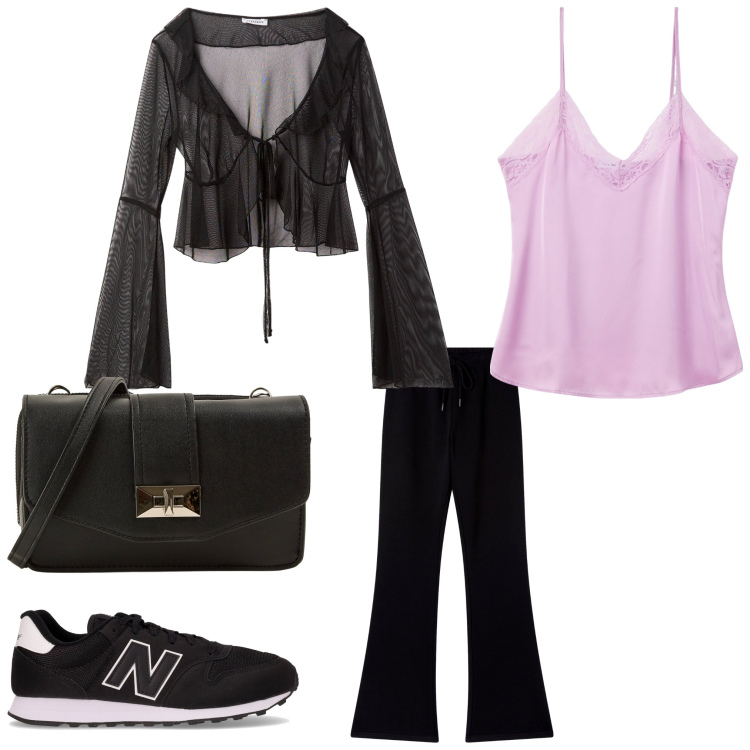 Outfit donna - Trasparenze sporty. Stile Sporty chic per Serata fuori. Abbinamento con top, bolero, borse a tracolla, pantaloni, sneakers.