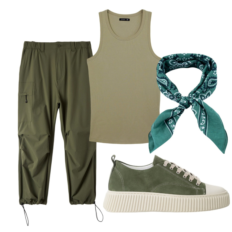Outfit uomo - In verde. Stile Trendy per Tutti i giorni. Abbinamento con pantaloni, canottiere, sneakers, sciarpe e foulard.
