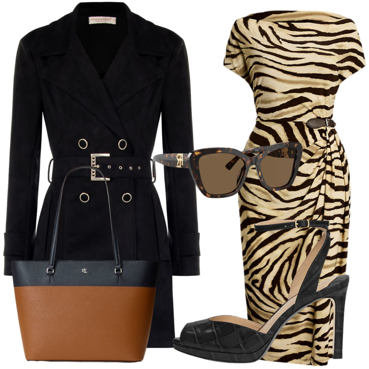 Outfit donna - Eleganza essenziale. Stile Casual chic per Ufficio. Abbinamento con trench, vestiti, occhiali da sole, sandali in pelle, borse tote.
