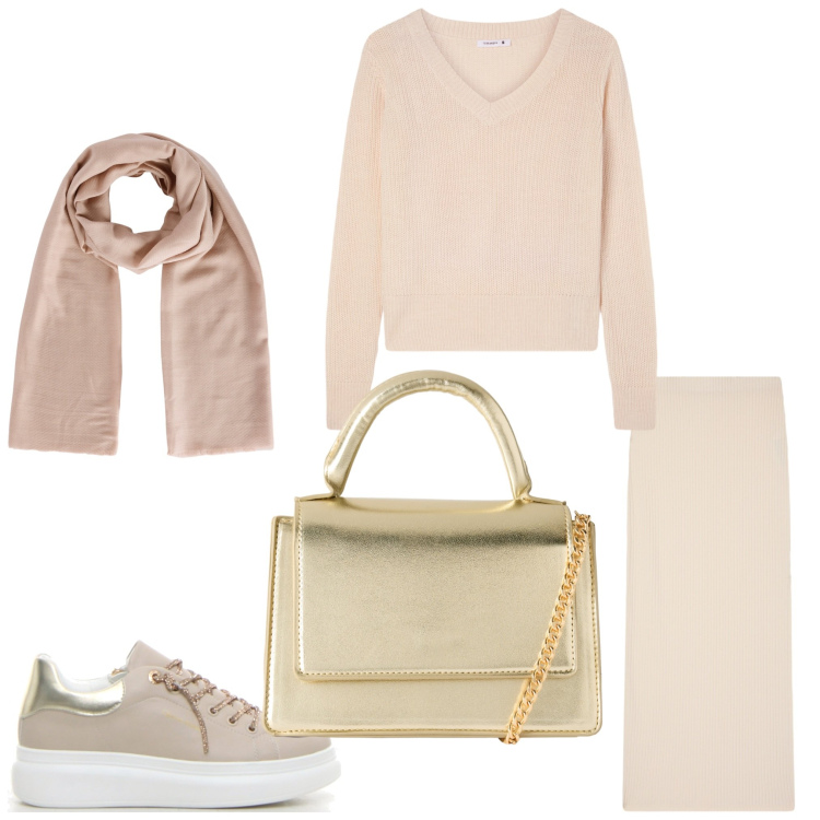 Outfit donna - Oro. Stile Sporty chic per Serata fuori. Abbinamento con borse a tracolla, foulard, gonne lunghe, maglieria, sneakers.