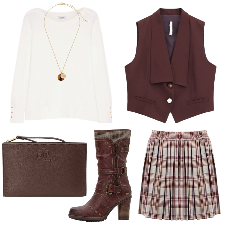 Outfit donna - Casual chic settembrino. Stile Casual chic per Tutti i giorni. Abbinamento con stivali, minigonne, gilet, collane, pochette, maglieria.