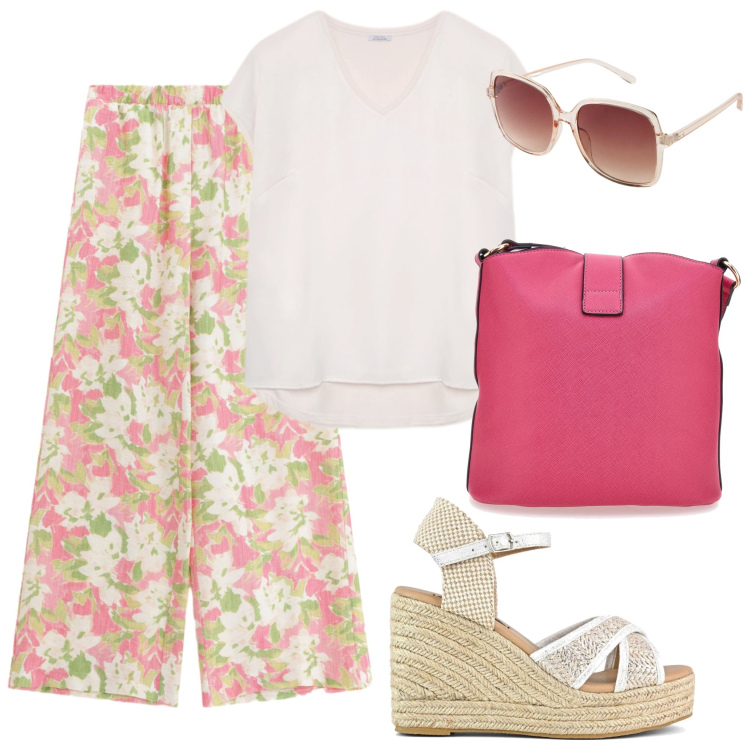 Outfit donna - Calda giornata. Stile Casual per Tutti i giorni. Abbinamento con occhiali da sole, pantaloni a palazzo, borse a spalla, zeppe, bluse.