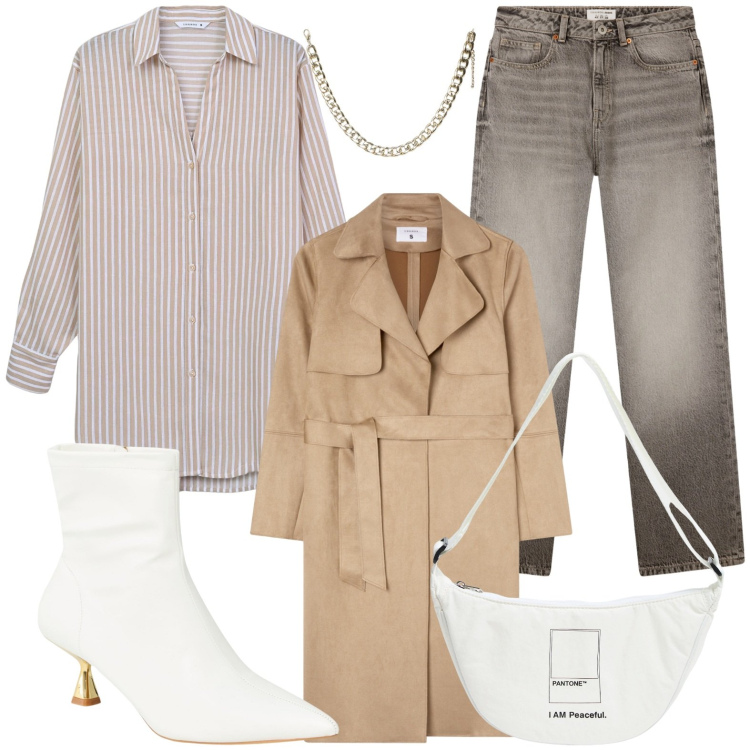 Outfit donna - Trench in ufficio. Stile Casual chic per Tutti i giorni. Abbinamento con marsupi, stivaletti, camicie, collane, jeans dritti, trench.
