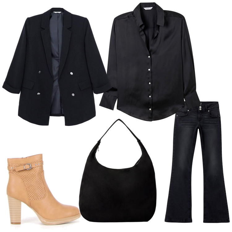 Outfit donna - Quasi total black. Stile Casual chic per Ufficio. Abbinamento con jeans a zampa, blazer, camicie, borse a mano, stivaletti.