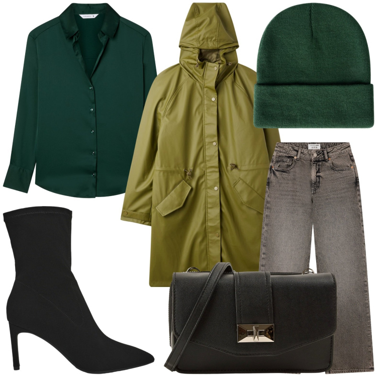 Outfit donna - Sotto la pioggia in verde. Stile Casual chic per Ufficio. Abbinamento con cappotti, borse a tracolla, jeans, camicie, stivali, berretti.