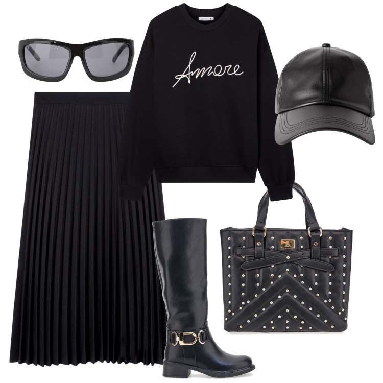 Outfit donna - Mix & Match urbano. Stile Urban per Tutti i giorni. Abbinamento con cappelli con visiera, gonne lunghe, felpe, occhiali da sole, borse a mano, stivali.