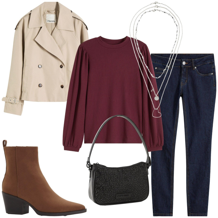 Outfit donna - Da mattina a sera. Stile Casual per Tutti i giorni. Abbinamento con jeans skinny, collane, trench, stivaletti texani, borse a mano, maglieria.