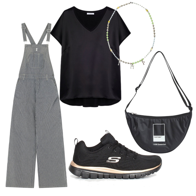 Outfit donna - La salopette grigia. Stile Casual per Tutti i giorni. Abbinamento con marsupi, salopette, collane, bluse, sneakers.