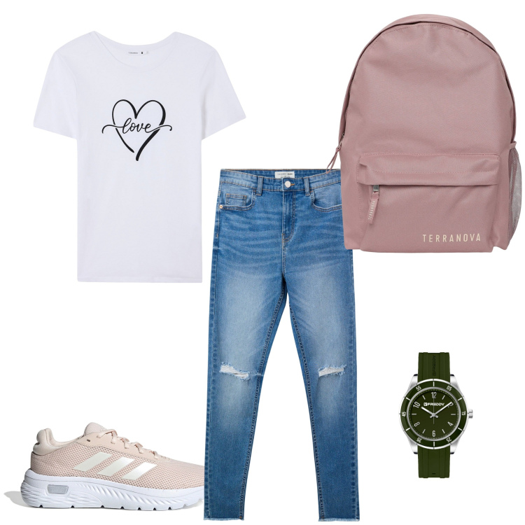 Outfit donna - Stile sbarazzino. Stile Casual per Scuola/Università. Abbinamento con jeans strappati, t-shirt, zaini, orologi, sneakers.