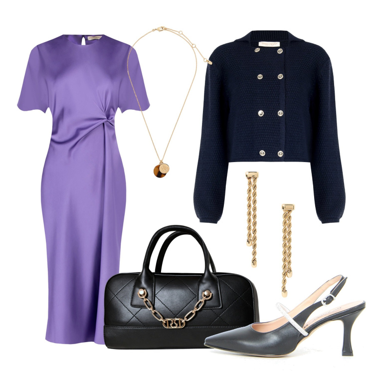 Outfit donna - L\'abito viola. Stile Chic per Tutti i giorni. Abbinamento con vestiti midi/longuette, blazer, borse a mano, orecchini, collane, décolleté.