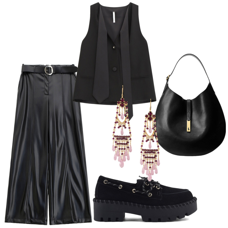 Outfit donna - Il pantalone in pelle. Stile Rock per Serata fuori. Abbinamento con top, pantaloni, borse a spalla, orecchini, scarpe stringate.