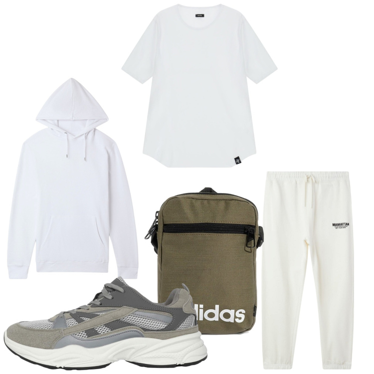 Outfit uomo - Bianco sport. Stile Casual per Sport. Abbinamento con felpe con cappuccio, pantaloni sportivi, sneakers, t-shirt, borse sportive.