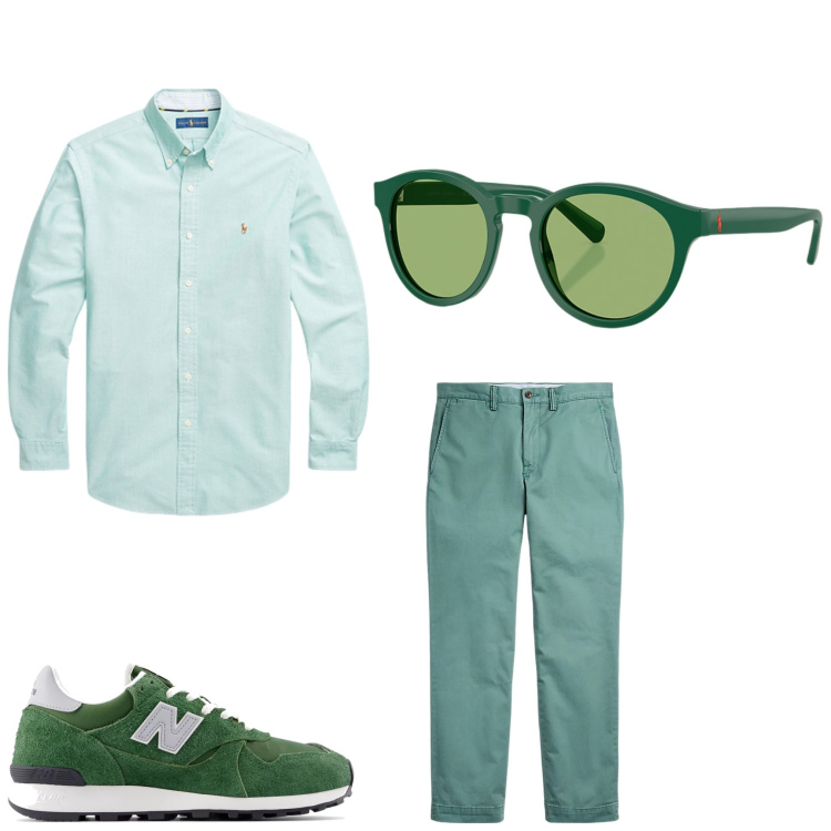 Outfit uomo - Amo il verde. Stile Casual per Tutti i giorni. Abbinamento con sneakers, pantaloni, camicie, occhiali da sole.