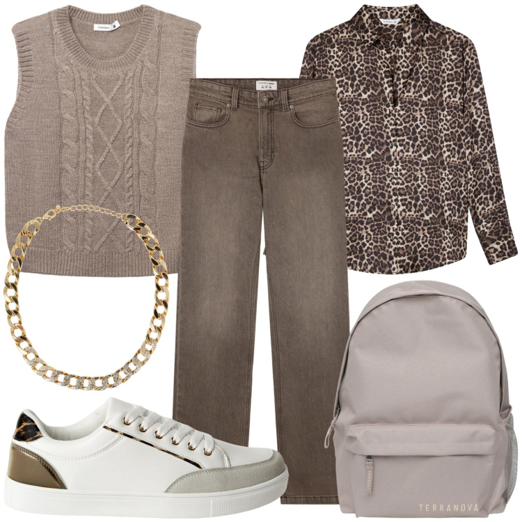 Outfit donna - Giornata in giro per gli uffici. Stile Urban per Ufficio. Abbinamento con zaini, camicie, collane, sneakers, jeans bootcut, maglieria.