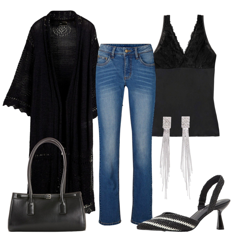 Outfit donna - Il cardigan lungo. Stile Glamour per Tutti i giorni. Abbinamento con orecchini, jeans dritti, top, cardigans, décolleté, borse a mano.