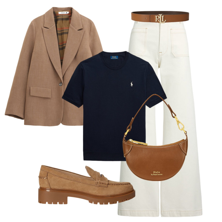 Outfit donna - Autunno in tendenza. Stile Sporty chic per Tutti i giorni. Abbinamento con blazer, cinture, borse a tracolla, jeans, mocassini, t-shirt.