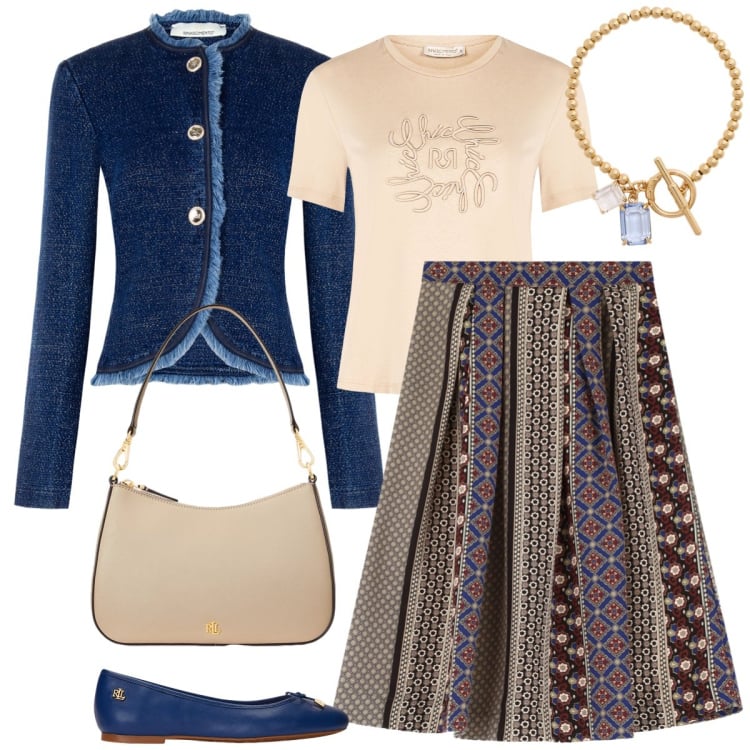 Outfit donna - Passeggiata. Stile Romantica per Tutti i giorni. Abbinamento con blazer, t-shirt, gonne, ballerine, borse a spalla, braccialetti.