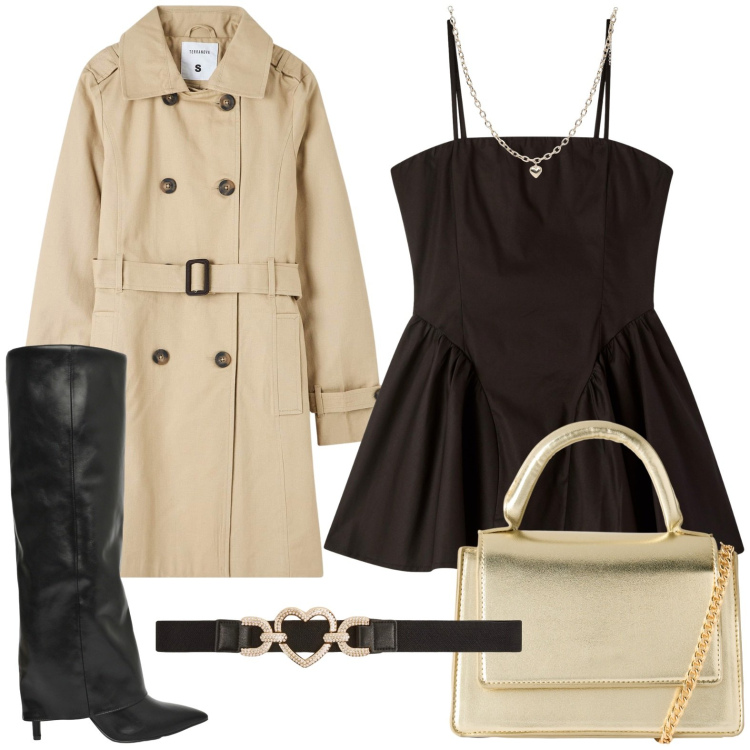 Outfit donna - Festa di 18 anni. Stile Chic per Serata fuori. Abbinamento con trench, collane, cinture, vestiti corti, borse a tracolla, stivali.